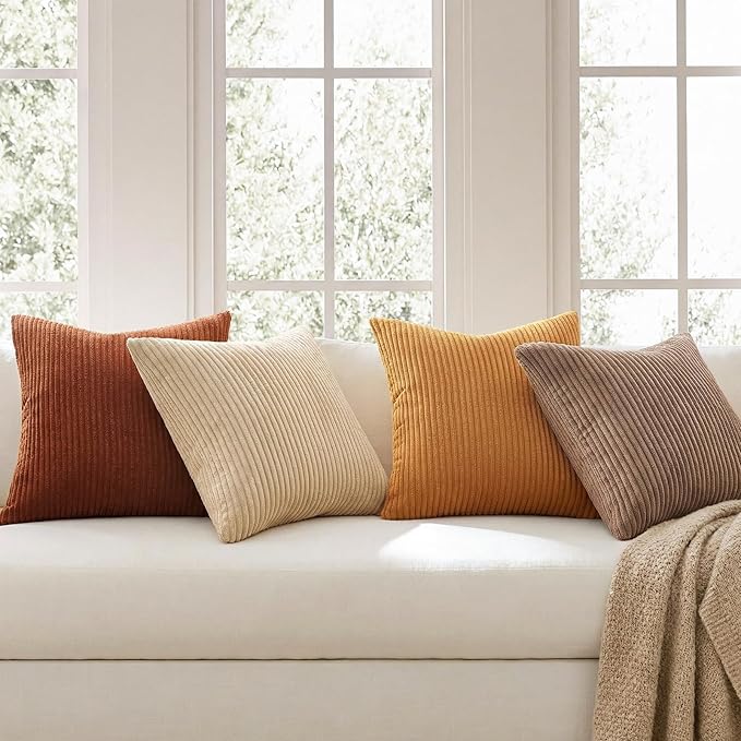 Topfinel Yellow Brown Throw Pillow Covers Rustic Modern Soft Corduroy Striped Decorative Cushion Cover 16x16 Inch Gradient Farmhouse Pillow Case Set of 4 for Sofa Couch Living Room Bedroom