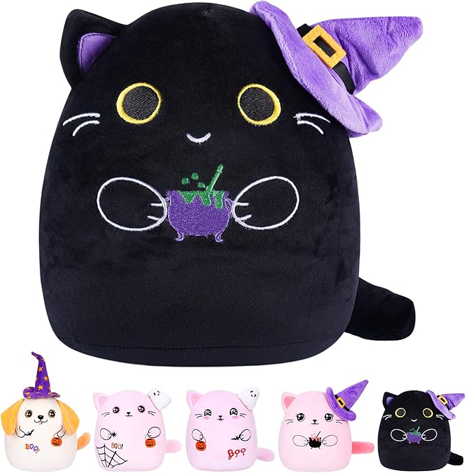 Halloween Stuffed Animal Cat Plush – Cute Halloween Decor Accessory Black Cat Plushie with Witch Hat 10 Inch Holiday Stuffed Animal