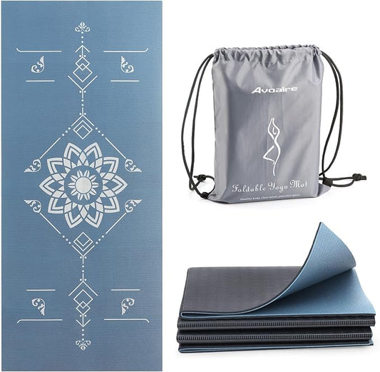 Avoalre Folding Yoga Mat, Eco-Friendly PVC Travel Yoga Mat Packable, Double Sided Non-Slip Printed Yoga Mats with Bag for Home Workout Gym Exercise Fitness Pilates Stretching (72" x 32" x 0.24" Thick)