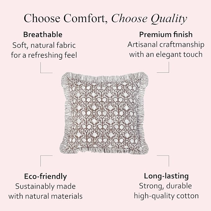 CPC Mocha Regal Hand Block Print 100% Cotton Ruffle Throw Pillow Cover 18x18 inch with Hidden Zipper Decorative for Couch, Bed, Sofa, Farmhouse, Cottagecore Decor Gift Christmas Fall Thanksgiving