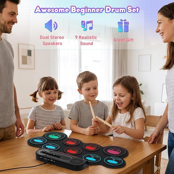 Electronic Drum Set, 9-Pad Kids Electric Drum Set Dual Stereo Speaker, MIDI. Portable Roll Up Drums Practice Pad for Kids, Perfect Birthday&Christmas Gift for Boys&Girls