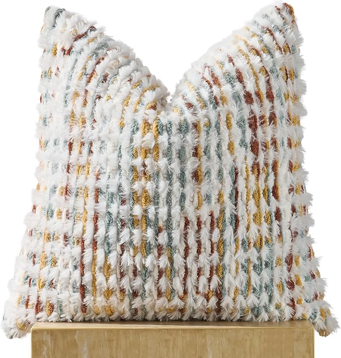 Boho Chenille Pillow Cover Decorative Tufted Pillowcase for Couch Bed Sofa Bedroom Living Room Modern 20 x 20-Inch Brown White