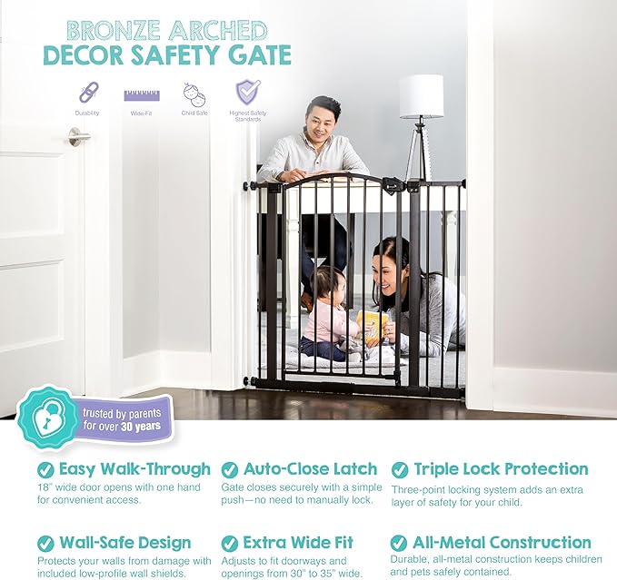 Regalo Safety 30-35” Extra Wide Baby Gate for Doorways & Bottom of Stairs, Pressure Mounted Walk-Through Gate for Babies, Toddlers & Pets, Bronze