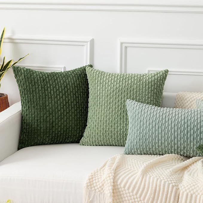 Kevin Textile Soft Corduroy 16"x24" Lumbar Pillow Cover 1 Pack, Grey Green | Boho Stripe Plush Corduroy Decorative Oblong Cushion Cover Modern Farmhouse Home Decor for Sofa Couch Bed Chair