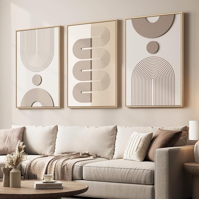 Large 3D Textured Framed Neutral Abstract Wall Art for Living Room, 3 Piece | Solid wood frame, sandstone texture painting, curved line detail and beige tone, ready to hang, wall decor for bedroom office