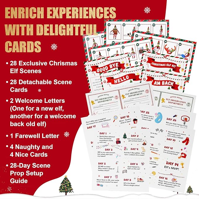 28-Day Christmas Elf Kit with 28 Fun Elf Scenes, Christmas Elf Adventure Kit 2025 Elf Box Kit Elf Helper Kit with Elf Props & Elf Accessories Kit for Christmas Countdown Ideas Kit