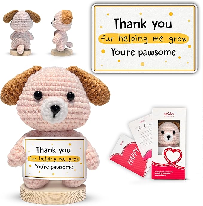 Gossby Gift for Teacher - Handmade Positive Dog Crochet with Message - Thank You for Helping ME Grow - Appreciation, Thank You, Christmas, End of Year Gift from Student - Knitted Decor