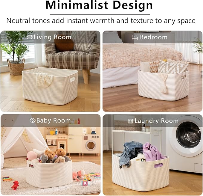 OIAHOMY 75L Large Blanket Basket, Woven Cotton Rope Baskets for Organizing, 22”x17”x12”, Blanket Basket living Room, Bedroom, Nursery, Dog Toy Storage Bins, White