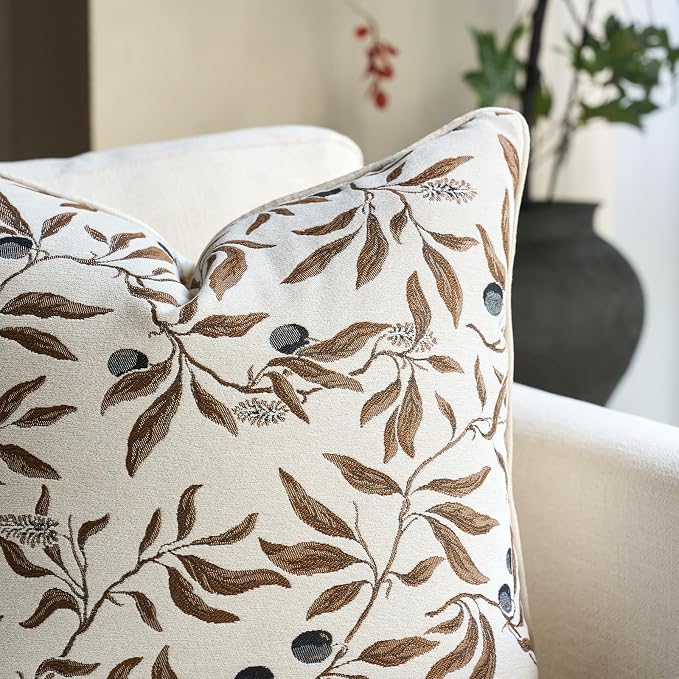 Alerfa Beige Floral Throw Pillow Cover 20 x 20 Inch Sqaure Luxury Decorative Pillow Cover for Couch Living Room Bedroom