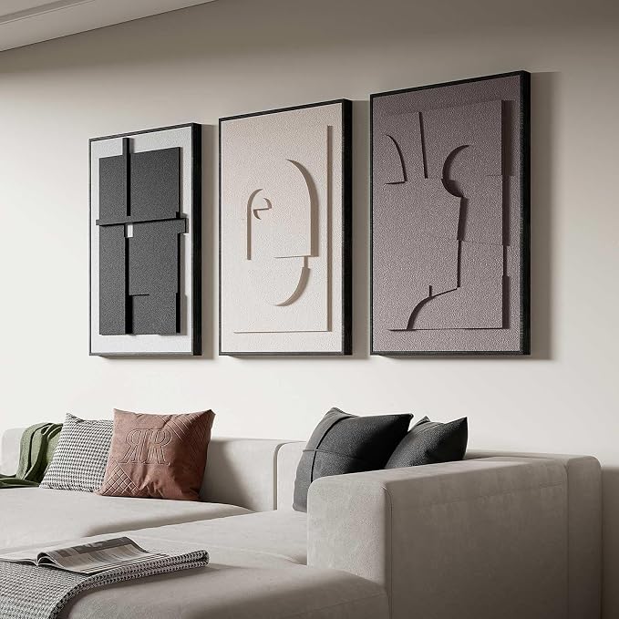 Thalasse Modern Abstract Wall Art Bedroom Framed 3D Earth Tone 16x24 In | Textured sculpture artwork, minimalist geometric cubist, home dining room, 3 piece set