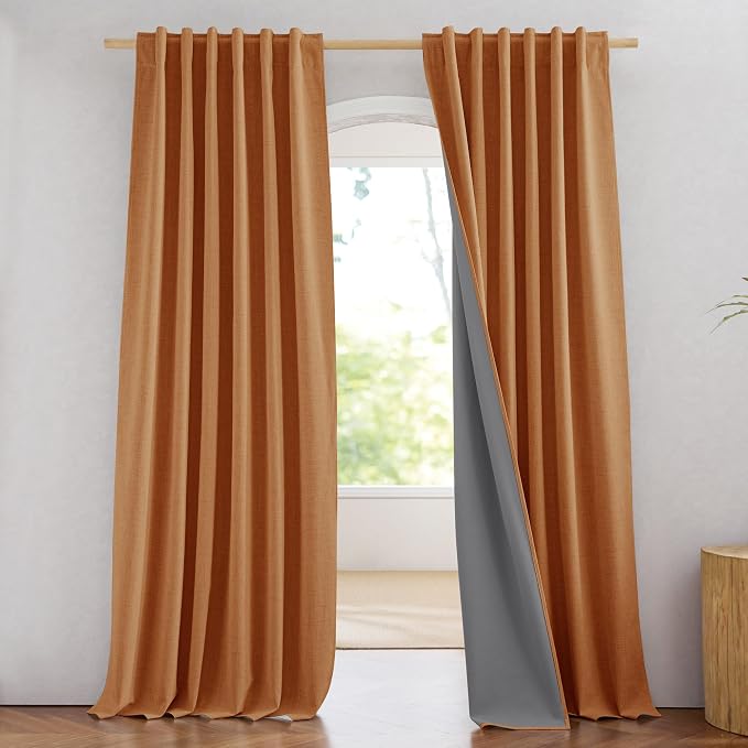 NICETOWN 100% Blackout Curtains for Living Room, W52 x L84 in, Thick Linen Blend Rod Pocket & Back Tab, Thermal Insulated Draperies with Grey Liner for Decoration(Set of 2, Terracotta)