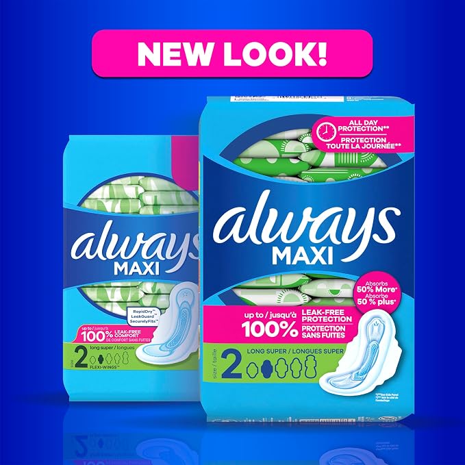 Always Maxi Feminine Pads for Women, Size 2 Long Super Absorbency, with Wings Unscented, 32 Count