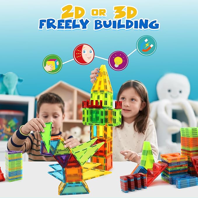 Magnetic Tiles, 131PCS Magnetic Blocks with 2 Cars, Learning Magnetic Building Blocks Sets, Educational Magnets Tiles Toys for Boys Girls Kids Ages 3 4 5 6 7 8 9+ Year Old