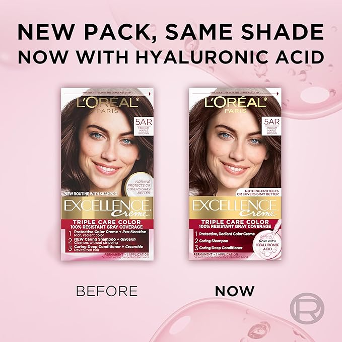 L'Oreal Paris Excellence Crème Permanent Hair Dye, Triple Care Hair Color with Hyaluronic Acid for 100% Gray Coverage, 5AR Medium Maple Brown, 1 Kit (Packaging May Vary)