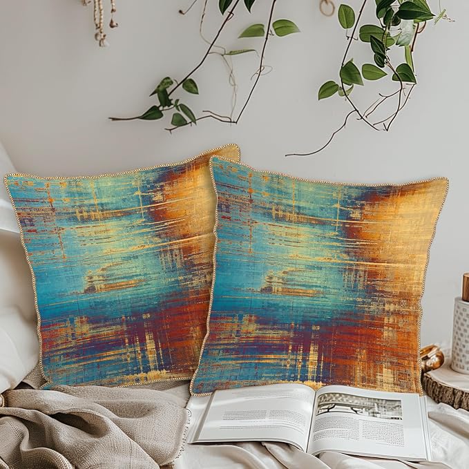 KSLIDS Vintage Abstract Soft Velvet Throw Pillow Covers Set of 2 Blue Orange Messy Rust Painting Decorative Pillow Covers 20x20 Inch Colorful Art Pillow Case for Sofa Couch Living Room Home Decor