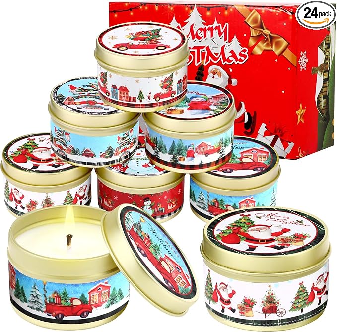 MTLEE 24 Pcs Christmas Scented Candles Set Vintage Christmas Candles with Festive Fragrance for Xmas Holiday Party Rustic Home Decor Stocking Stuffer Gifts for Women Men Coworkers Friend(Santa)