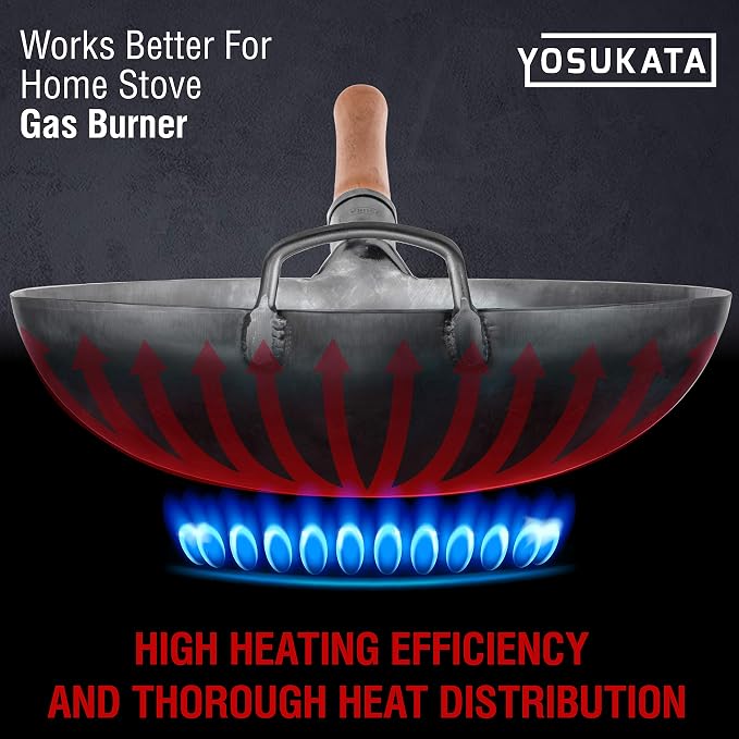 YOSUKATA Non-seasoned 14" Round-Bottom Carbon Steel Wok Pan with 17" Spatula and Ladle