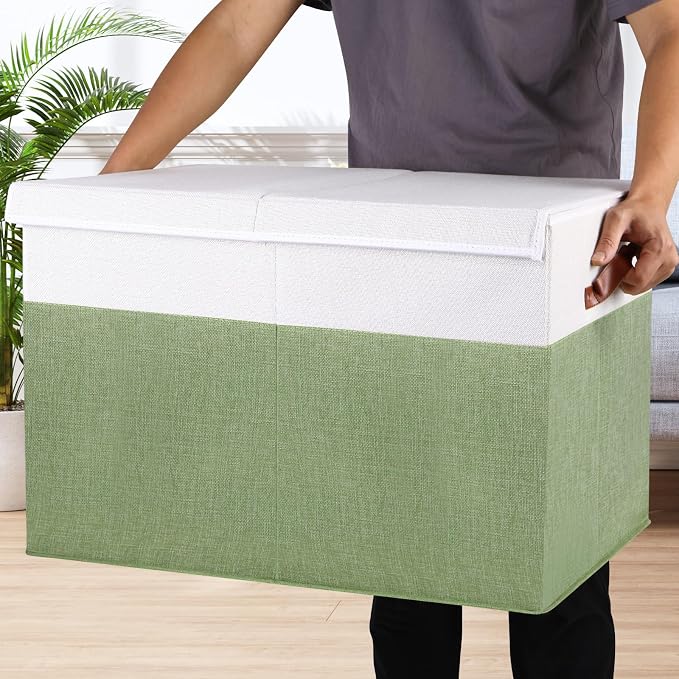 Large Toy Storage Box with Lid, Toy Chest Bin Boxes Basket with Dividers | Sturdy Toy Organizer Bin for Kids, Boys, Girls, Nursery, Living Room, Bedroom, Playroom 26"x17" x17" (Green and White)