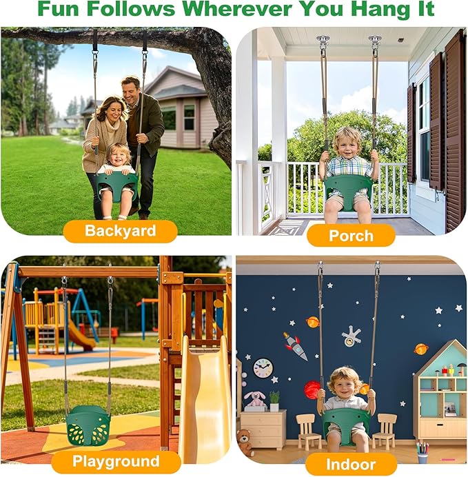 SELEWARE High Back Full Bucket Toddler Swing Seat, Heavy Duty Toddler Swing Set Accessories, Soft Plastic Elephant Baby Swing with Adjustable Rope & Locking Carabiners for Outdoor Playground, Green