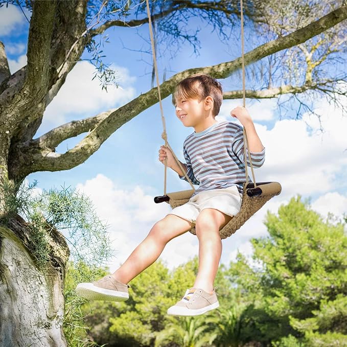 JKsmart 2 Pack Kids Swing Seat, Heavy Duty Rope Play Secure Children Swings Set, Toddler Swing Chair for Outdoor/Indoor/Playground/Home/Tree, with Snap Hooks and Straps,440 lbs Capacity, Brown
