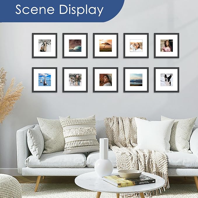 8x8 Picture Frame Set of 6, Wall or Tabletop Display, Black | Display Pictures 5x5 with Mat or 8x8 Without Mat, Horizontal or Vertical, Gallery Wall Frame Set, Wedding Birthday Gifts