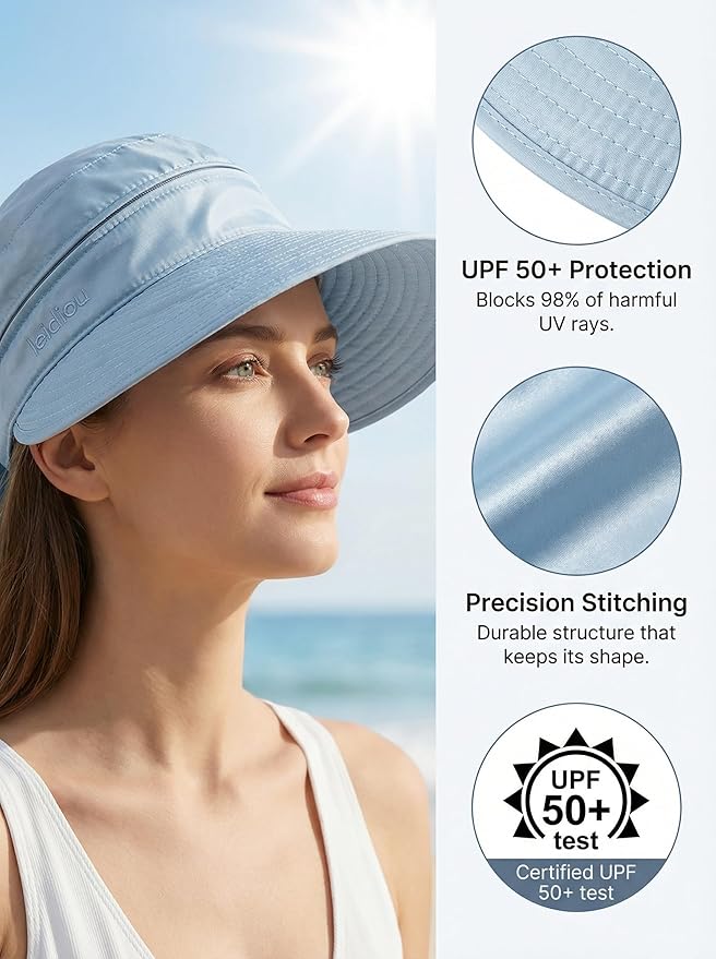 2-in-1 Women’s Sun Visor Sun Hat Zipper Off Ponytail Friendly, Lightweight Quick Dry, Summer UV Protection