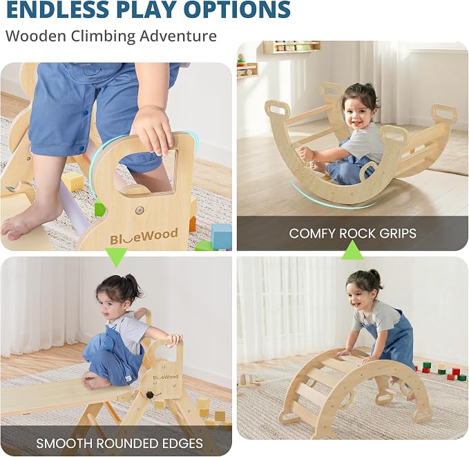 BlueWood Pikler Triangle Set, Toddler Wooden Climbing Toys Indoor 7in1 Climber, Foldable Kids Climbing Toys, Montessori Play Jungle Gym with Arch, Ramp, Ladder (Natural)