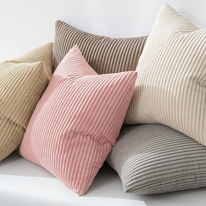 MIULEE Decorative Corduroy Throw Pillow Covers Set of 2 12x12 Pink | Soft Striped Textured Cushion Cases, Boho Square Lovely Cute Pillowcases, Home Decor for Couch Chair Sofa Bed Living Room