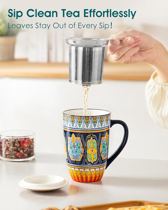 vancasso Ceramic Tea Cup with Infuser and Lid, 18 Ounce Tea Infuser Mug for Loose Leaf Tea, Microwave & Dishwasher Safe, Bohemian Mandala, Gift for Tea Lovers, Forest Daisy Drift