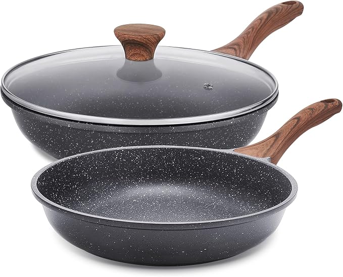 SENSARTE Nonstick Frying Pans, Grey(8+11Inch with Lid) | Swiss Granite Coating, Free of PFOA&PFOS, Compatible with All Stoves Including Induction Cooktops, Easy to Clean