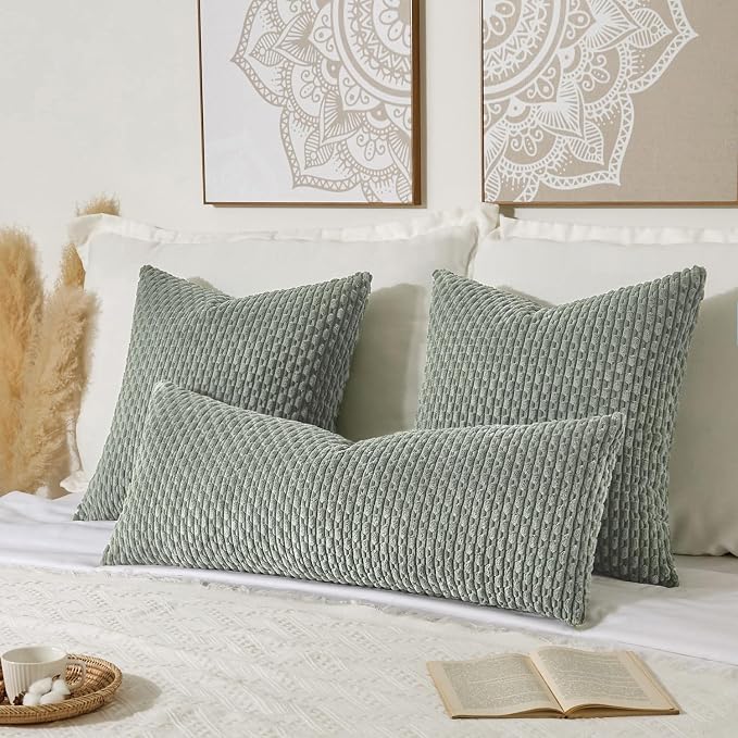 Kevin Textile Soft Corduroy 20"x54" Body Pillow Cover 1 Pack, Grey Green | Boho Stripe Plush Corduroy Decorative Oblong Cushion Cover Modern Farmhouse Home Decor for Sofa Couch Bed Chair