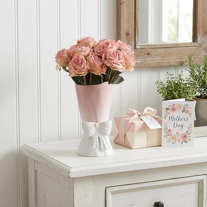 Relexome Pink White Ceramic Bow Vase 9.64 in Unique Cute Modern Decorative Bouquet Flower Vases for Home Living Room Table Decor