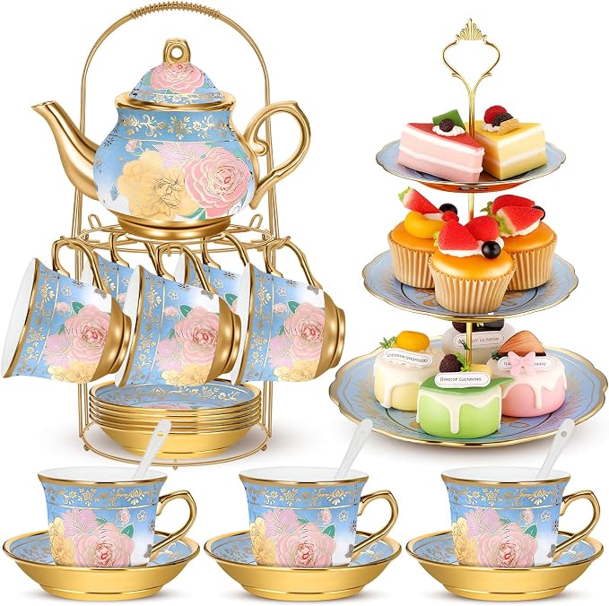 21 Pcs Ceramic Teapot Set Vintage Porcelain Tea Cups with Metal Holder and High Tier Cupcake Stand Saucers for Women Girls Farmhouse European Weddings Party Decor Gifts(Blue,Elegant)