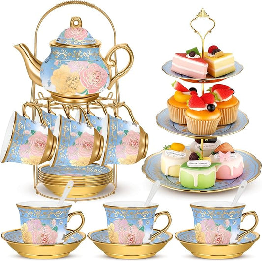 21 Pcs Ceramic Teapot Set Vintage Porcelain Tea Cups with Metal Holder and High Tier Cupcake Stand Saucers for Women Girls Farmhouse European Weddings Party Decor Gifts(Blue,Elegant)