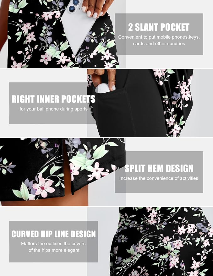 PINSPARK 20" Skorts for Woman Knee Length UPF 50+ Golf Skirts | 4 Pockets, Built-in Shorts, High Waisted, Split Hem, Silky-smooth, Moisture-wicking, for Golf Athletic Tennis Workout Casual