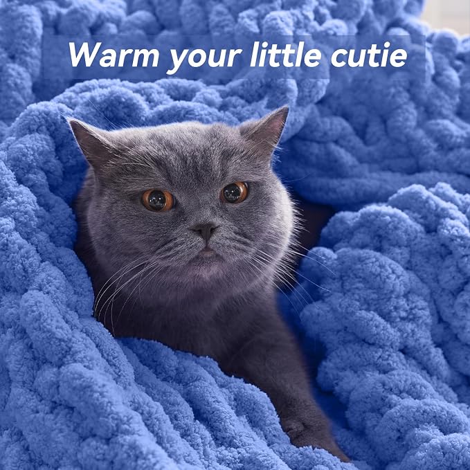Negwoo Chunky Knit Throw Blanket, Knitted Throw Chenille Yarn, 50"*60" | Soft Thick Cable Knitted Blankets, Handmade Big Thick Blanket, Machine Washable Cute Comfy Blanket for Home Decor, Light blue