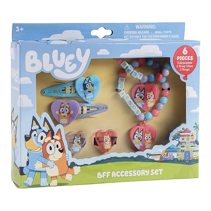 LUV HER Bluey Girls BFF 6 Piece Toy Jewelry Box Set with 2 Rings, 2 Bead Bracelets and Snap Hair Clips Ages 3+