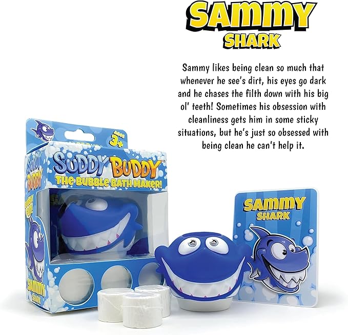 Suddy Buddy® Bubble Maker for Bathtub | Fun Kid Bubble Bath Toys | Bath Bubbler for Boys & Girls Ages 3+ | Includes 1 Foam Dispenser, 1 Trading Card & 3 Super-Bubble Drops | Sammy Shark