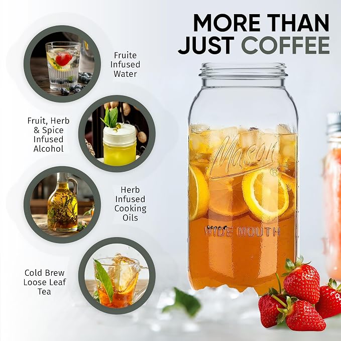 Altura The TUBE+ Cold Brew Coffee Maker and Tea Infuser for Wide Mouth Mason Jars - Stainless Steel Cold Brew Filter Strainer for Iced Coffee, Fruit Water & More - (64oz/2qt)