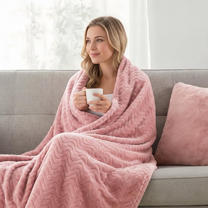 Exclusivo Mezcla Soft Fleece Blanket King Size for Bed, Sofa, Pink | 90"x104" Breathable Lightweight Flannel Blanket for Summer, Plush Cozy Jacquard Wave for Home Decor