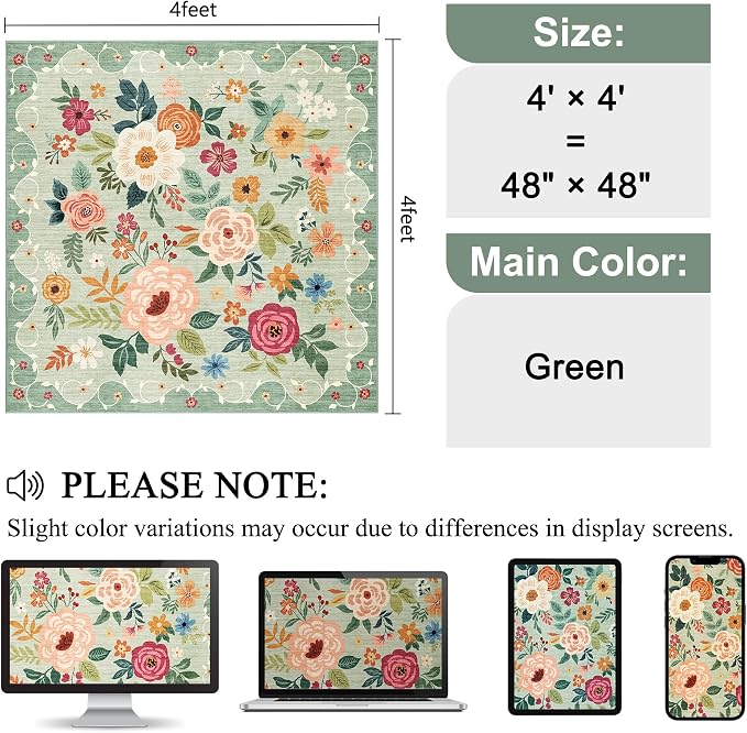 DUKINO 4x4 Square Area Rug, Soft Floral Washable Rug for Entryway, Green | Non Slip, Low Pile, Stain Resistant Indoor Rug for Kitchen, Bedroom, Living Room, Nursery, Pet Friendly, Modern Home Decor