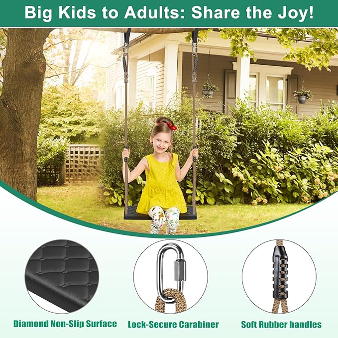 SELEWARE Heavy Duty Swing Seat with Adjustable Rope, 300lbs Capacity Non-Slip Plastic Tree Swing for Kids, Playground Swing Set Accessories Replacement with Snap Hooks for Indoor Outdoor Use (Black)