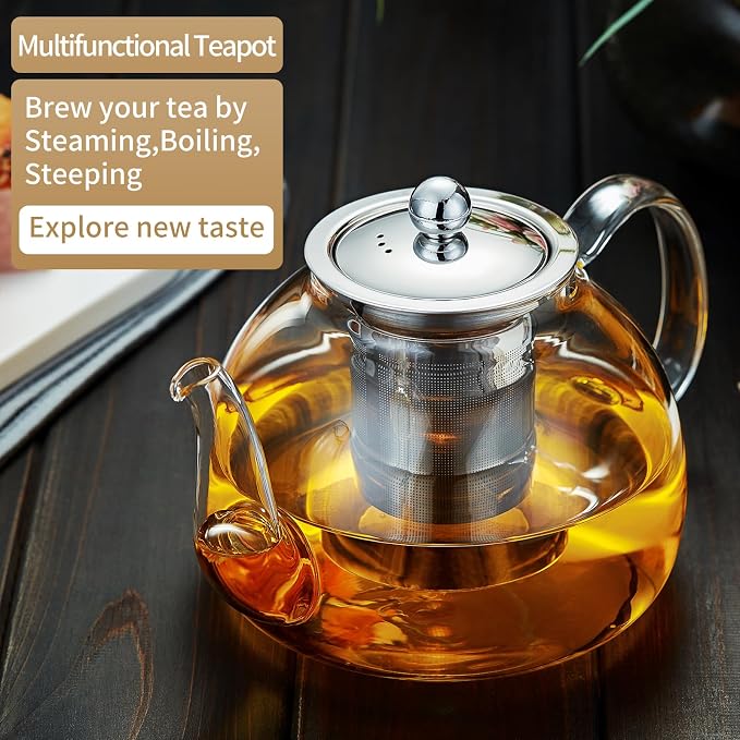 DOPUDO 40OZ (1200ML) Glass Teapot with Infuser Stovetop Safe, Clear Glass Tea Pot Kettle, Borosilicate Tea Pot with Infusers Filter for Loose Tea, Tea Kettle Dishwasher Safe.