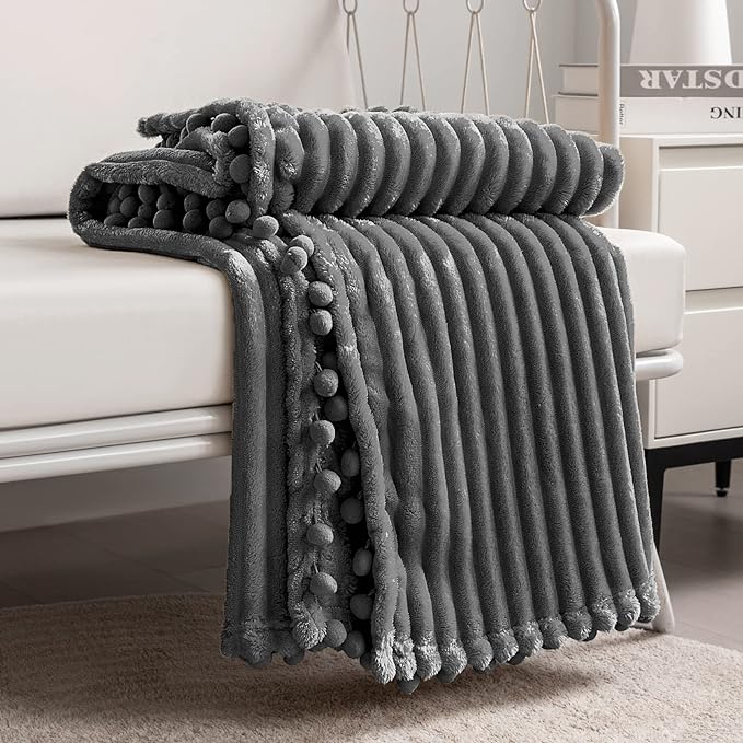 DISSA Fleece Blanket Throw Size – 51x63, Dark Grey – Soft, Plush, Fluffy, Fuzzy, Warm, Cozy – Perfect Throw for Couch, Bed, Sofa - with Pompom Fringe - Flannel Blanket Throw Blanket