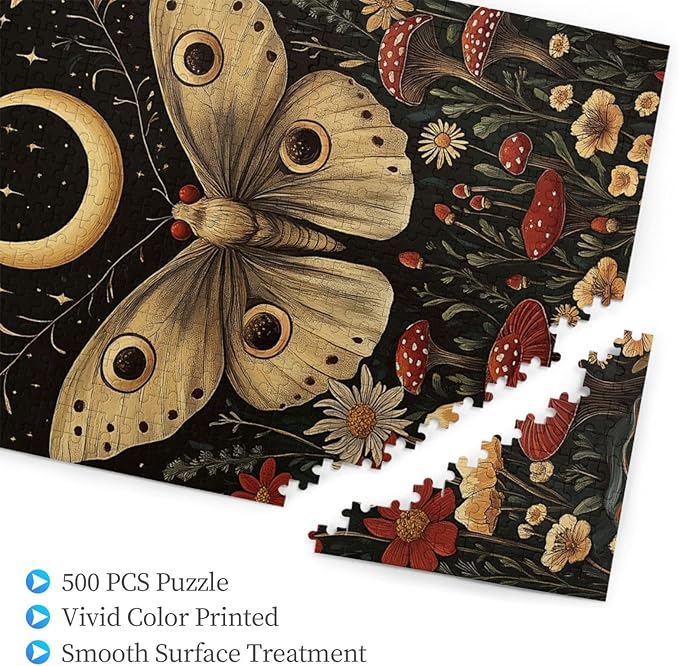 Cafemira 500 Pieces Jigsaw Puzzles for Adults,Golden Winged Moth & Floral Mystery Wall Decor,Great for Relaxation and Display,Every Piece is Unique,Exercise Hands on Skills and Thinking