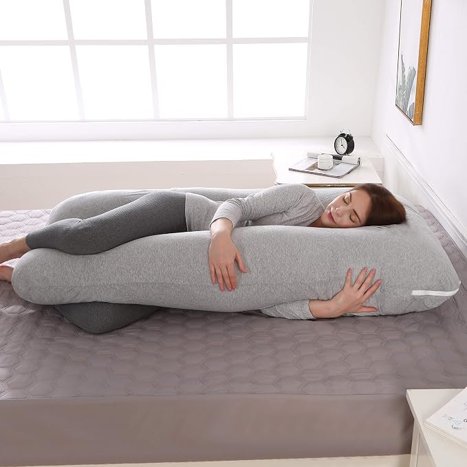 Amagoing 57 inches Pregnancy Pillows for Sleeping, U Shaped Maternity Full Body Pillow for Pregnant Women with Hip, Leg, Back, Belly Support, Washable Jersey Cover Included (Light Gray)