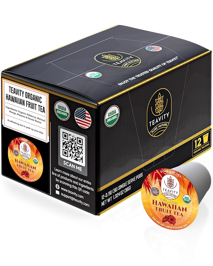 Organic Hibiscus Teapods with Peach, Mango, & Passionfruit - Naturally Decaffeinated Hawaiian Fruit Tea by Teavity (12 Tea Pods)