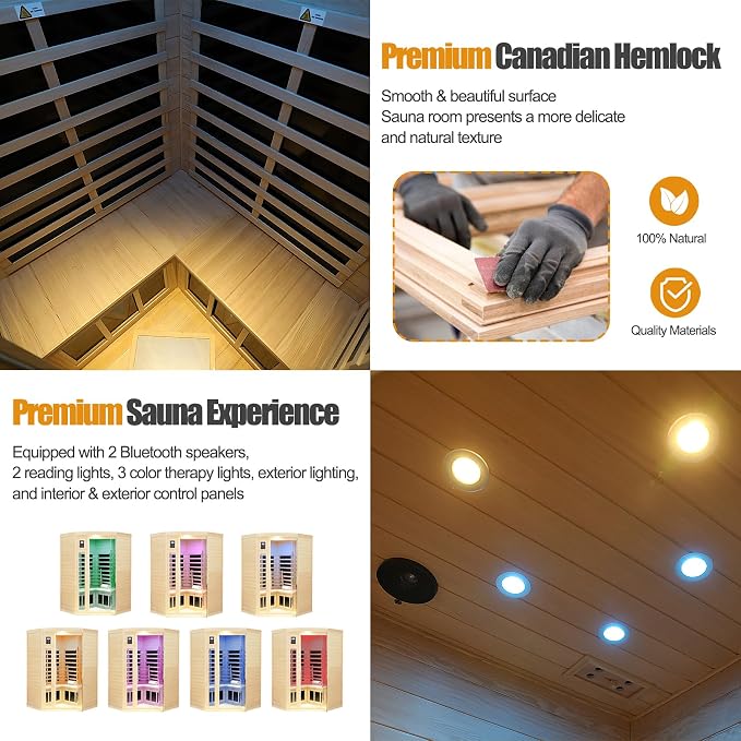 2 Person Infrared Sauna 0-5mG Ultra Low EMF Infrared Sauna Far Infrared Sauna Canadian Hemlock Indoor Corner Sauna with Front Door Heating Panel, Chromotherapy Light