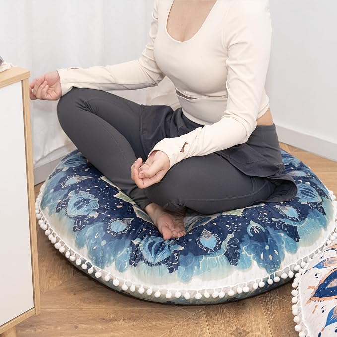 Meditation Cushion Set of 2, Round Floor Pillow Seating for Adults, Bohemian Mandala Yoga Cushion, 32" Extra Thick Memory Foam Removable Washable Cover, Ideal Gift Holiday Decor, Green