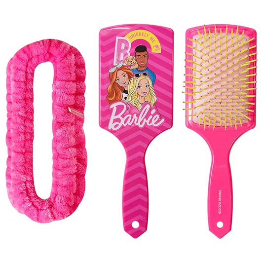 LUV HER Barbie Kids Hair Brush & Spa Headband Set for Girls - Fun Grooming Kit for Detangling, Styling & Skincare - Soft & Stretchy One Size, Ages 3+